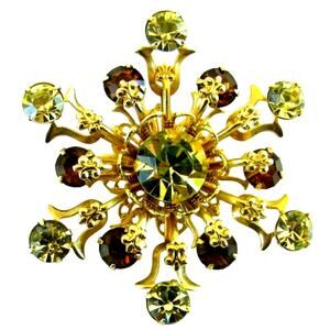 Brilliant Mid Century Lt Green & Yellow Rhinestone Layered Riveted Brooch Pin